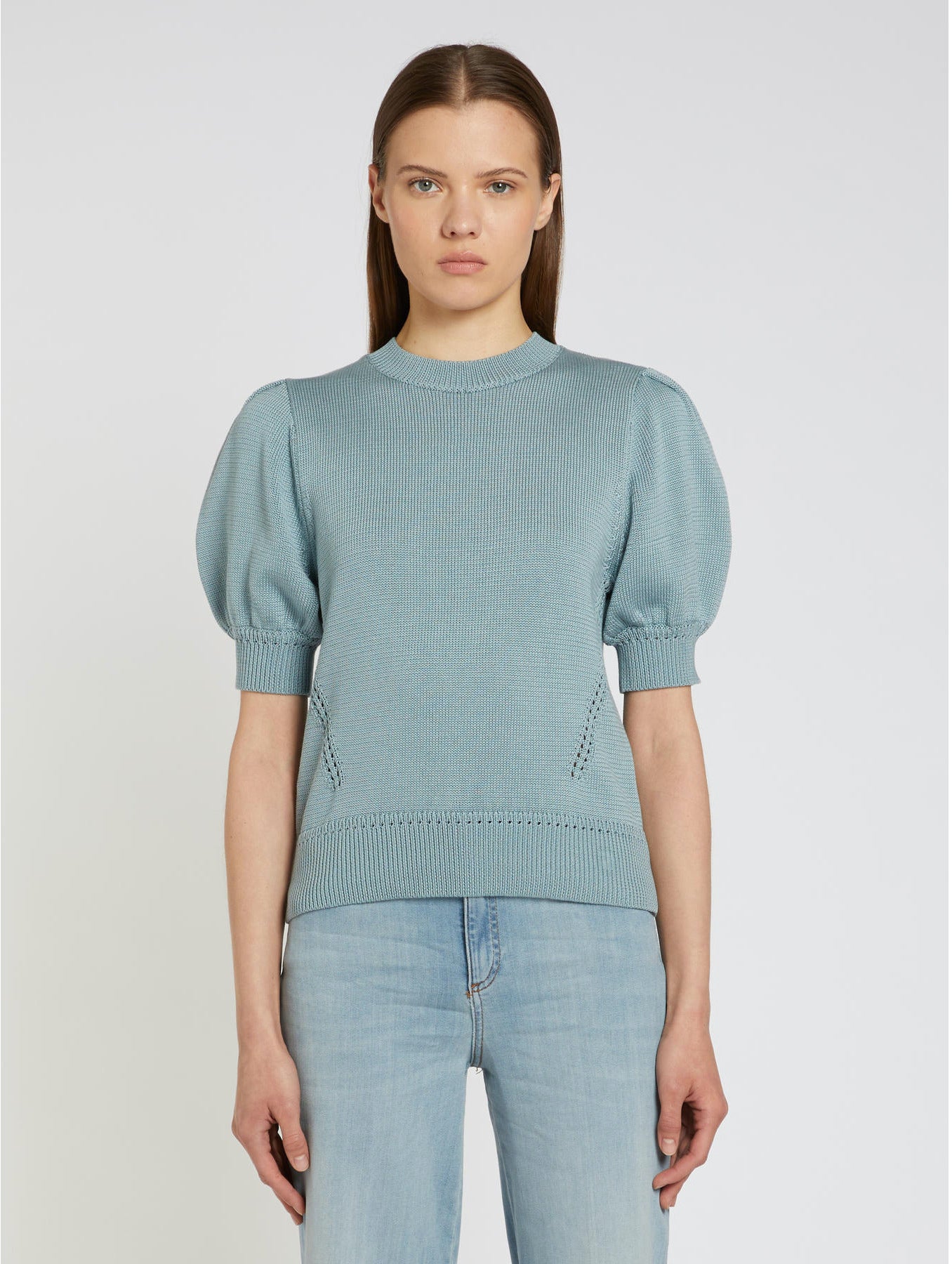 Marella Sport Light Blue Puff Short Sleeve Cotton Sweater