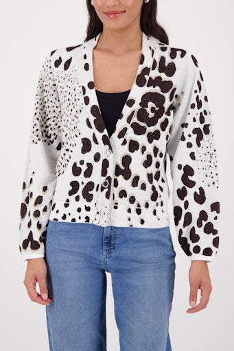Monari Chocolate Leopard Jacquard Cardigan with V-Neck, Button-Front 410285
