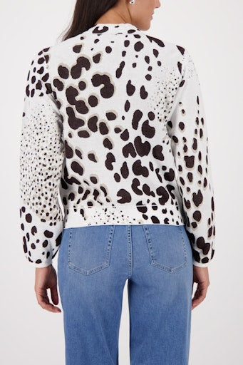 Monari Chocolate Leopard Jacquard Cardigan with V-Neck, Button-Front 410285