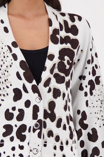 Monari Chocolate Leopard Jacquard Cardigan with V-Neck, Button-Front 410285
