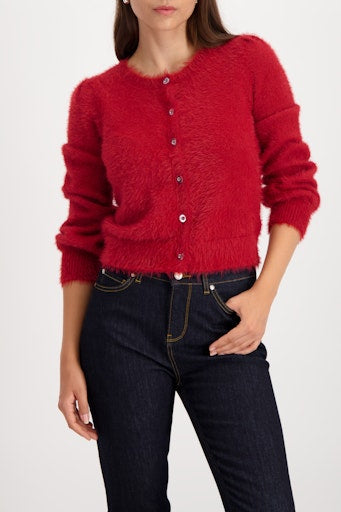 Monari red fluffy cardigan with round neckline 809569