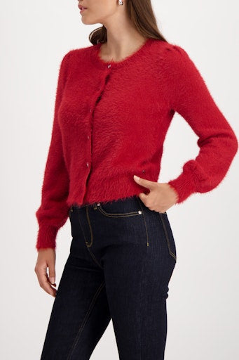 Monari red fluffy cardigan with round neckline 809569