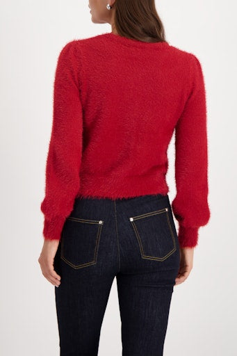 Monari red fluffy cardigan with round neckline 809569