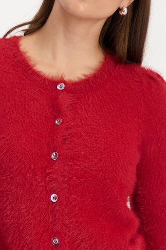 Monari red fluffy cardigan with round neckline 809569