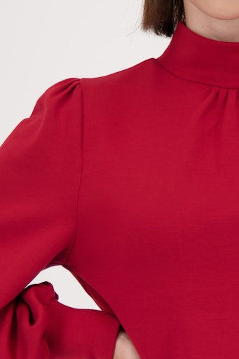 Monari Red Modal-Blend Sweatshirt with Gathered Shoulders & Ruffle Cuff 809605