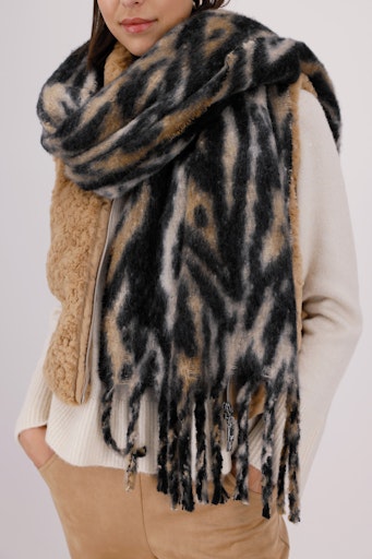 Monari Fluffy Tiger Print Scarf with Fringed Edging 809672