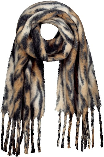 Monari Fluffy Tiger Print Scarf with Fringed Edging 809672