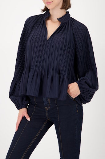 Monari pleated blouse with ruffles in night blue 808786