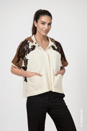 Monari White/Brown Knitted Cape with Lace 809929