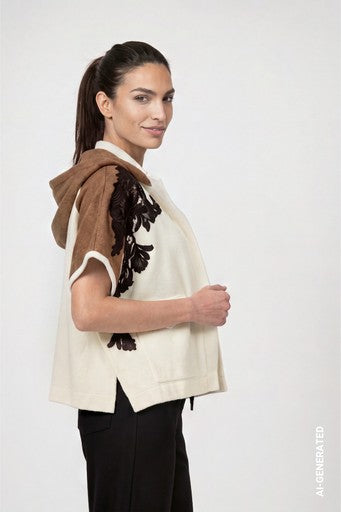 Monari White/Brown Knitted Cape with Lace