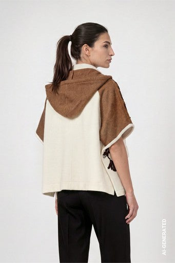 Monari White/Brown Knitted Cape with Lace