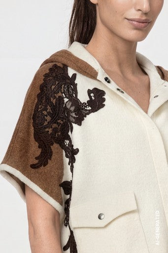 Monari White/Brown Knitted Cape with Lace
