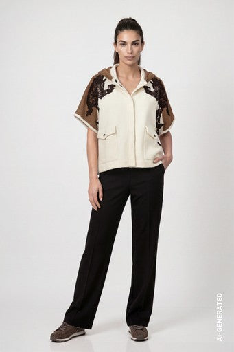 Monari White/Brown Knitted Cape with Lace