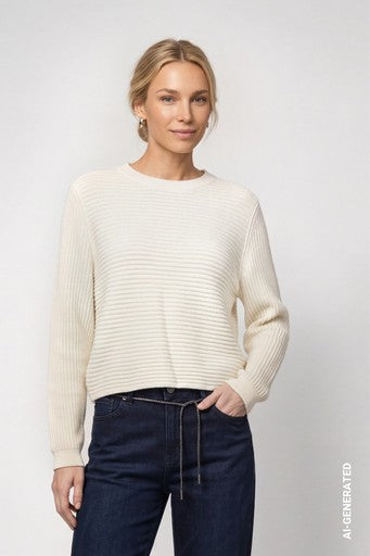 Monari White Crew Neck Ribbed Knit Sweater