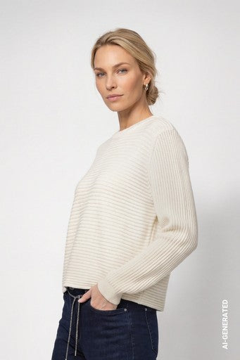 Monari White Crew Neck Ribbed Knit Sweater
