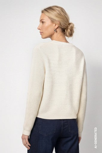 Monari White Crew Neck Ribbed Knit Sweater