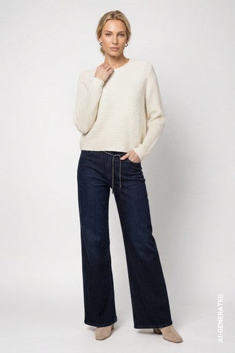 Monari White Crew Neck Ribbed Knit Sweater