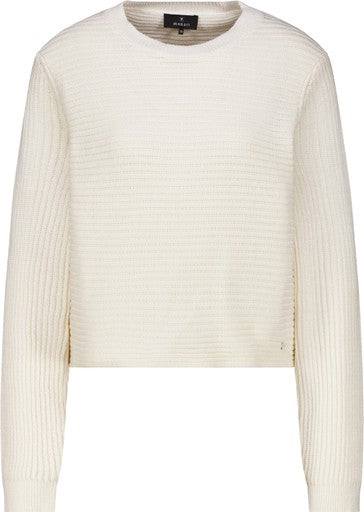Monari White Crew Neck Ribbed Knit Sweater