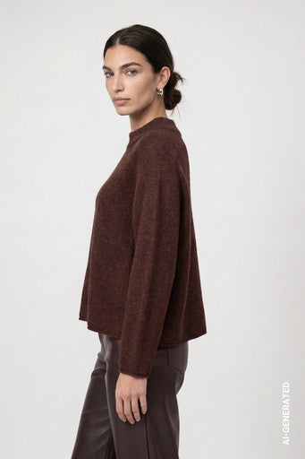 Monari Coffee Fluffy Knitted Sweater with Rolled Hem