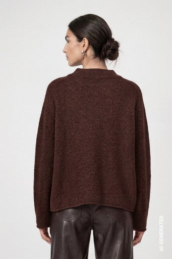 Monari Coffee Fluffy Knitted Sweater with Rolled Hem