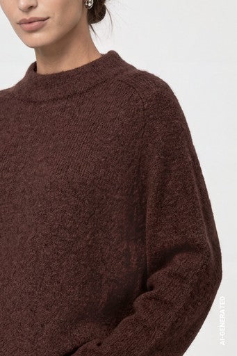 Monari Coffee Fluffy Knitted Sweater with Rolled Hem