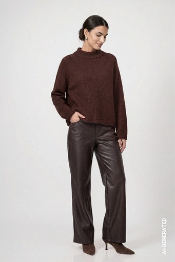 Monari Coffee Fluffy Knitted Sweater with Rolled Hem
