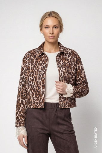 Monari Hazelnut Animal Print Cotton Jacket Classic Collar Button Front Patch Pockets