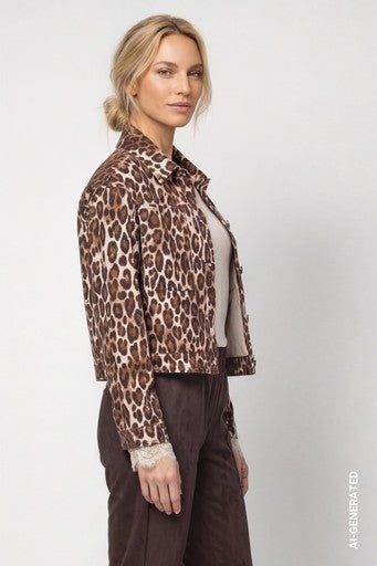 Monari Hazelnut Animal Print Cotton Jacket Classic Collar Button Front Patch Pockets
