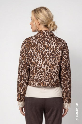 Monari Hazelnut Animal Print Cotton Jacket Classic Collar Button Front Patch Pockets
