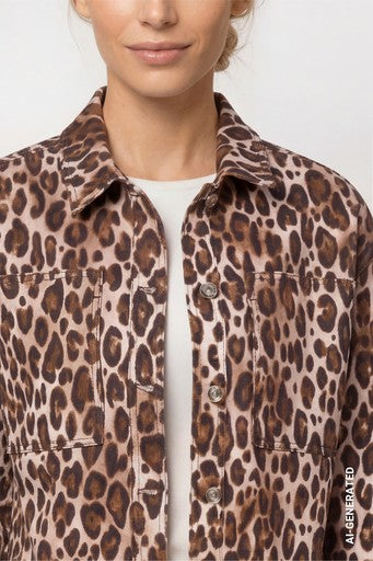Monari Hazelnut Animal Print Cotton Jacket Classic Collar Button Front Patch Pockets