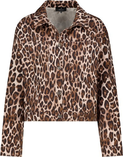 Monari Hazelnut Animal Print Cotton Jacket Classic Collar Button Front Patch Pockets