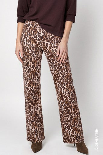 Monari Hazelnut Animal Print Wide Leg Jeans Stretch Cotton 5 Pocket