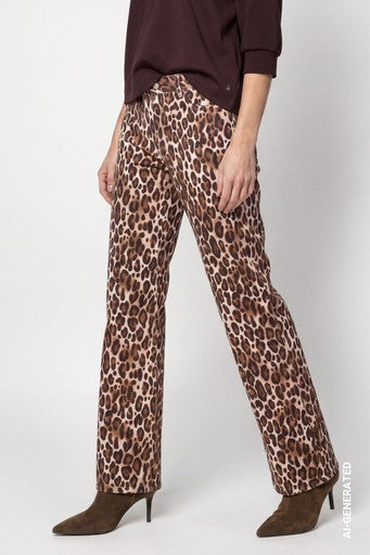 Monari Hazelnut Animal Print Wide Leg Jeans Stretch Cotton 5 Pocket