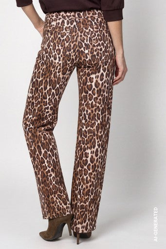 Monari Hazelnut Animal Print Wide Leg Jeans Stretch Cotton 5 Pocket