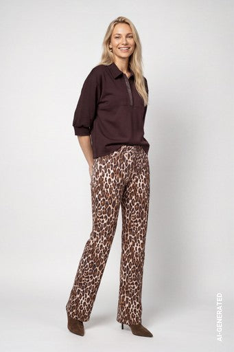 Monari Hazelnut Animal Print Wide Leg Jeans Stretch Cotton 5 Pocket