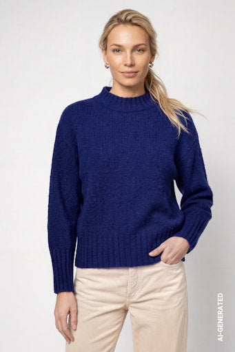 Monari Navy Blue Knit Sweater – Stand-Up Collar & Ribbed Trims