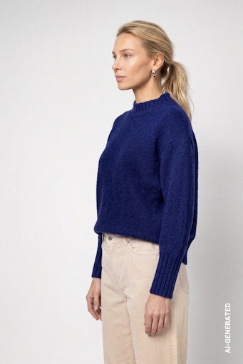 Monari Navy Blue Knit Sweater – Stand-Up Collar & Ribbed Trims