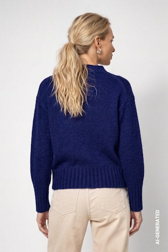 Monari Navy Blue Knit Sweater – Stand-Up Collar & Ribbed Trims