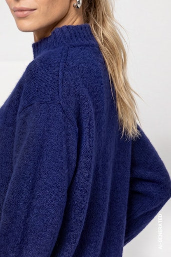 Monari Navy Blue Knit Sweater – Stand-Up Collar & Ribbed Trims