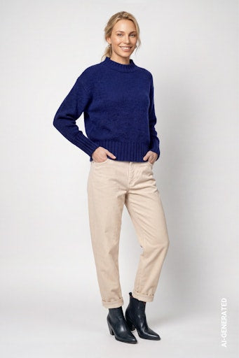 Monari Navy Blue Knit Sweater – Stand-Up Collar & Ribbed Trims