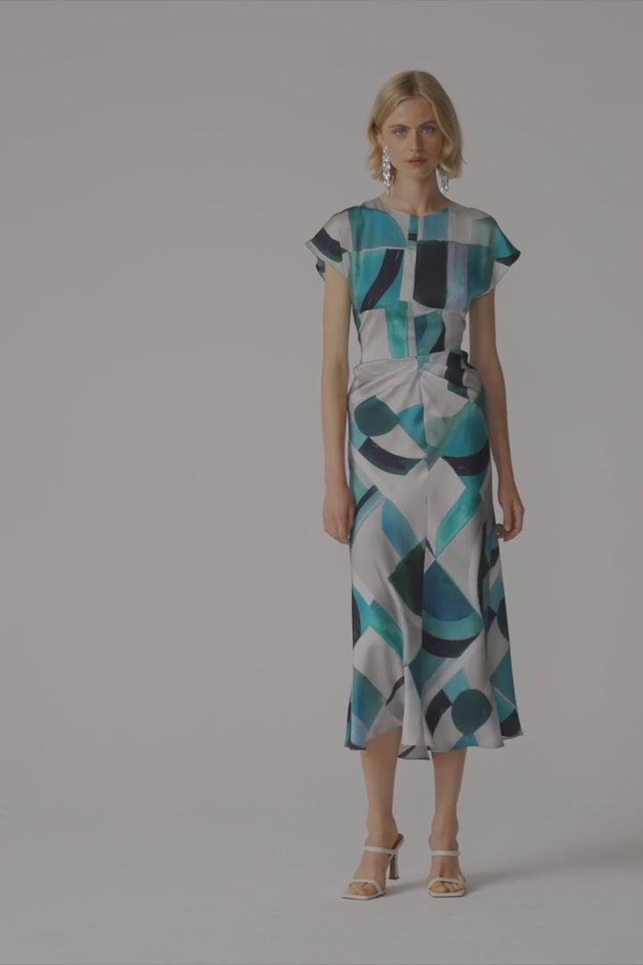 Joseph Ribkoff Green Textured Satin Geometric Print Fit and Flare Dres video