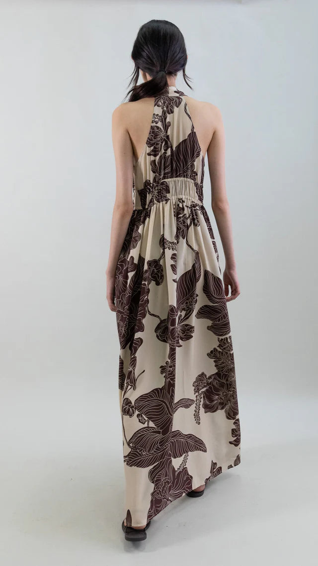 Psophia Chocolate Print Orient Contour Plunge Halter Dress 213DRS2649