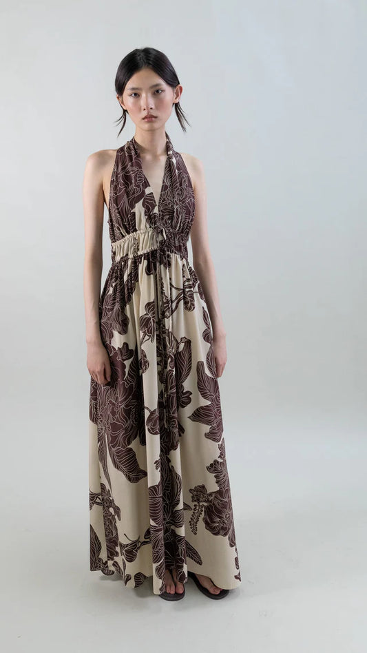 Psophia Chocolate Print Orient Contour Plunge Halter Dress 213DRS2649