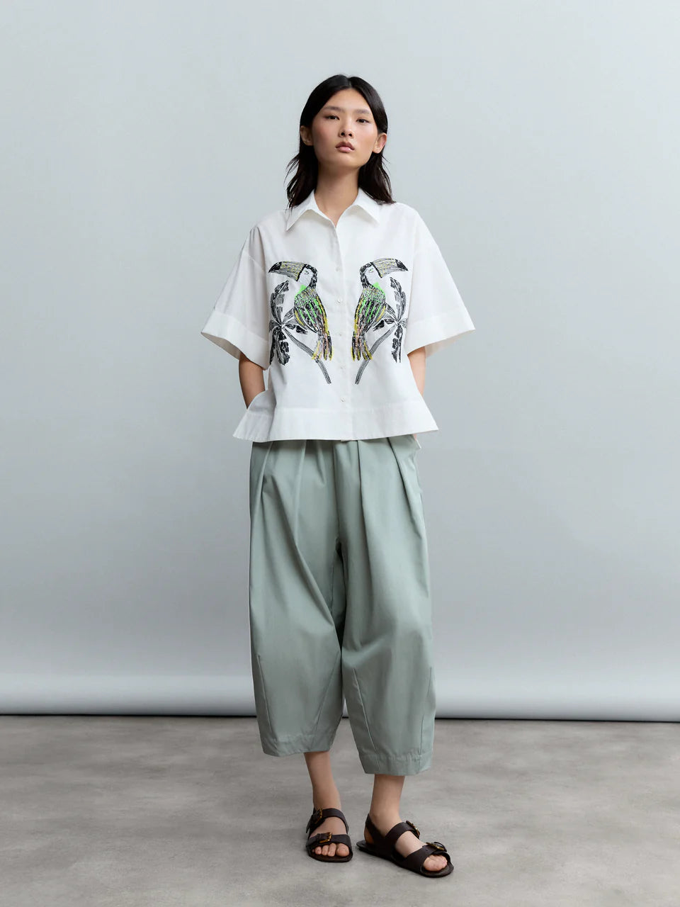 Psophia White Cotton Poplin Shirt – Relaxed Fit, Embroidered Sequin Birds, Short Sleeves 248SHR2780