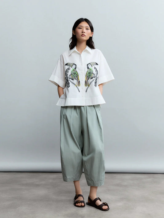 Psophia White Cotton Poplin Shirt – Relaxed Fit, Embroidered Sequin Birds, Short Sleeves 248SHR2780