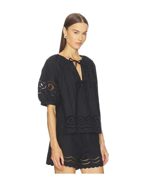 Rails Black Embroidered Cotton Top with Puff Sleeves & Scalloped Hem CATALENE
