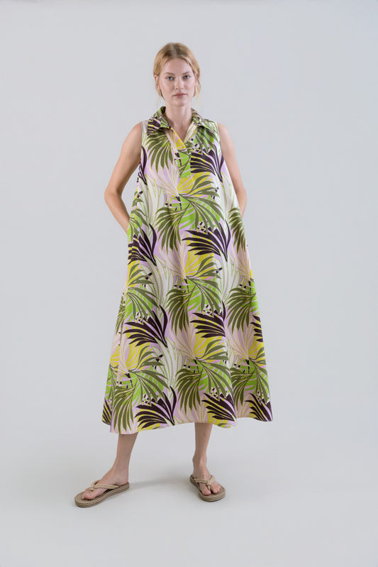 Psophia sleeveless multi fern print cotton midi dress