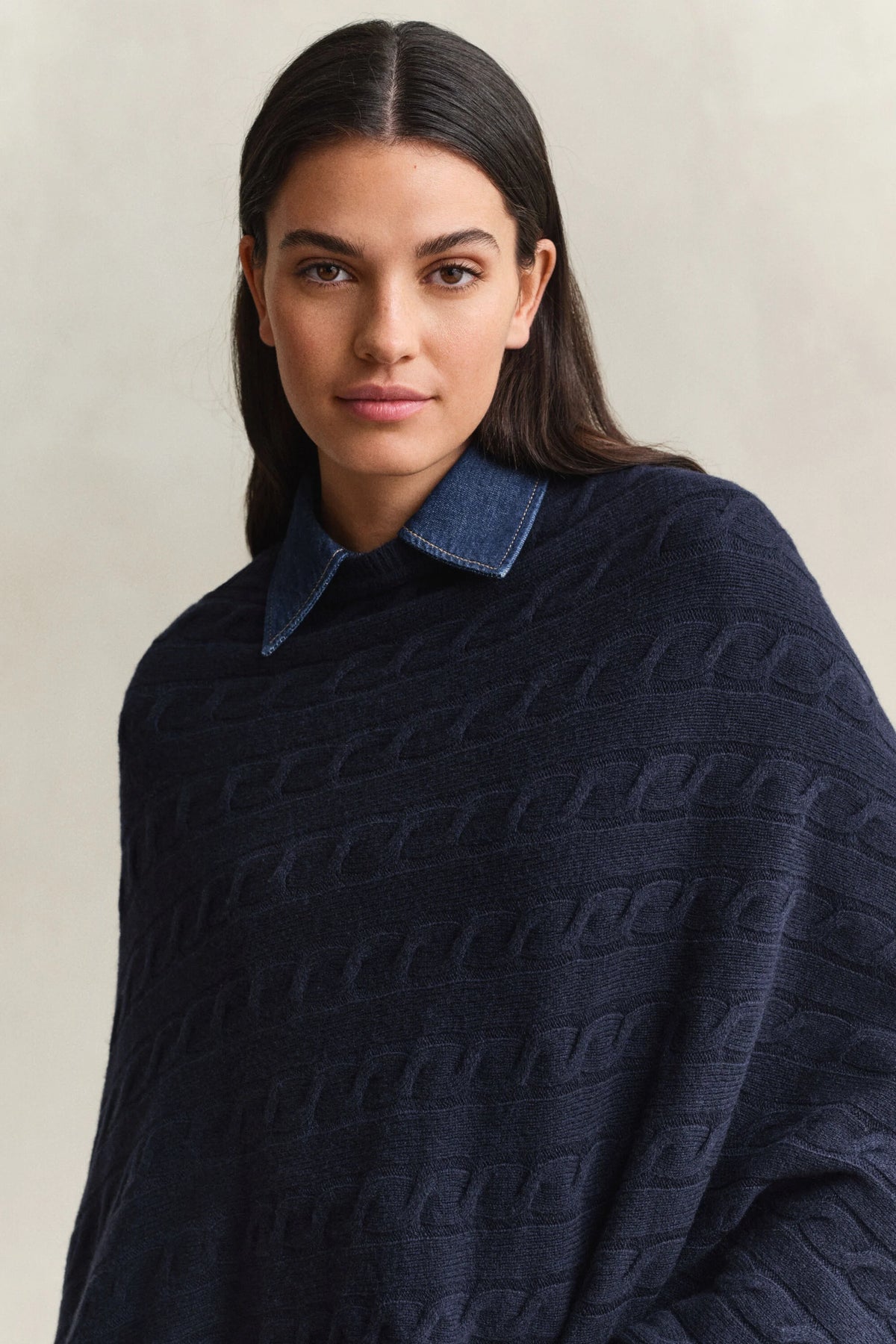 Gant Evening Blue Wool Cable Knit Poncho