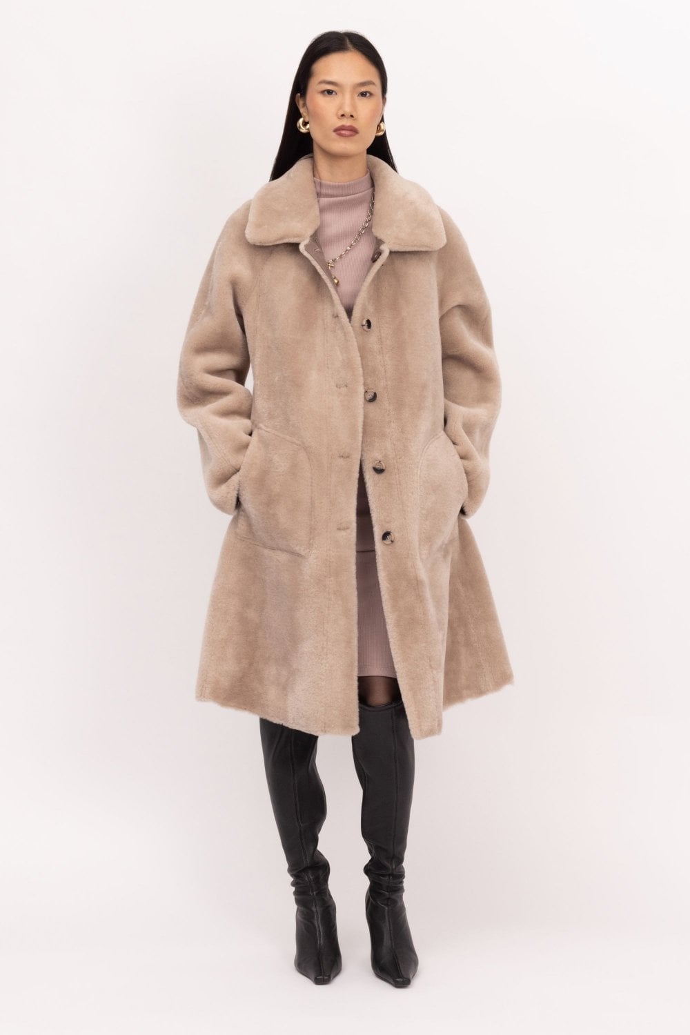 Urbancode Merino Suedette Reversible Swing Coat in Cream Taupe