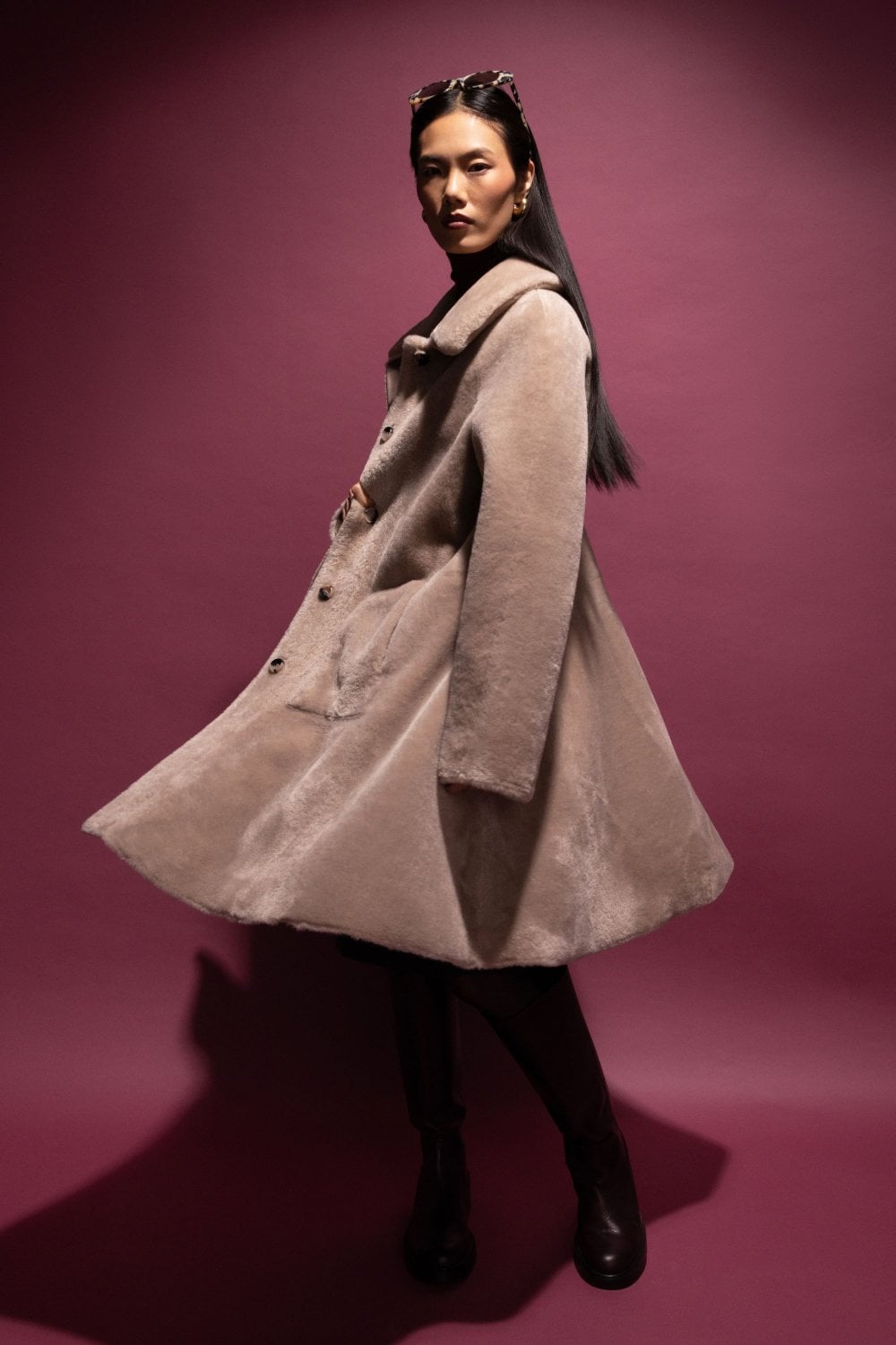 Urbancode Merino Suedette Reversible Swing Coat in Cream Taupe